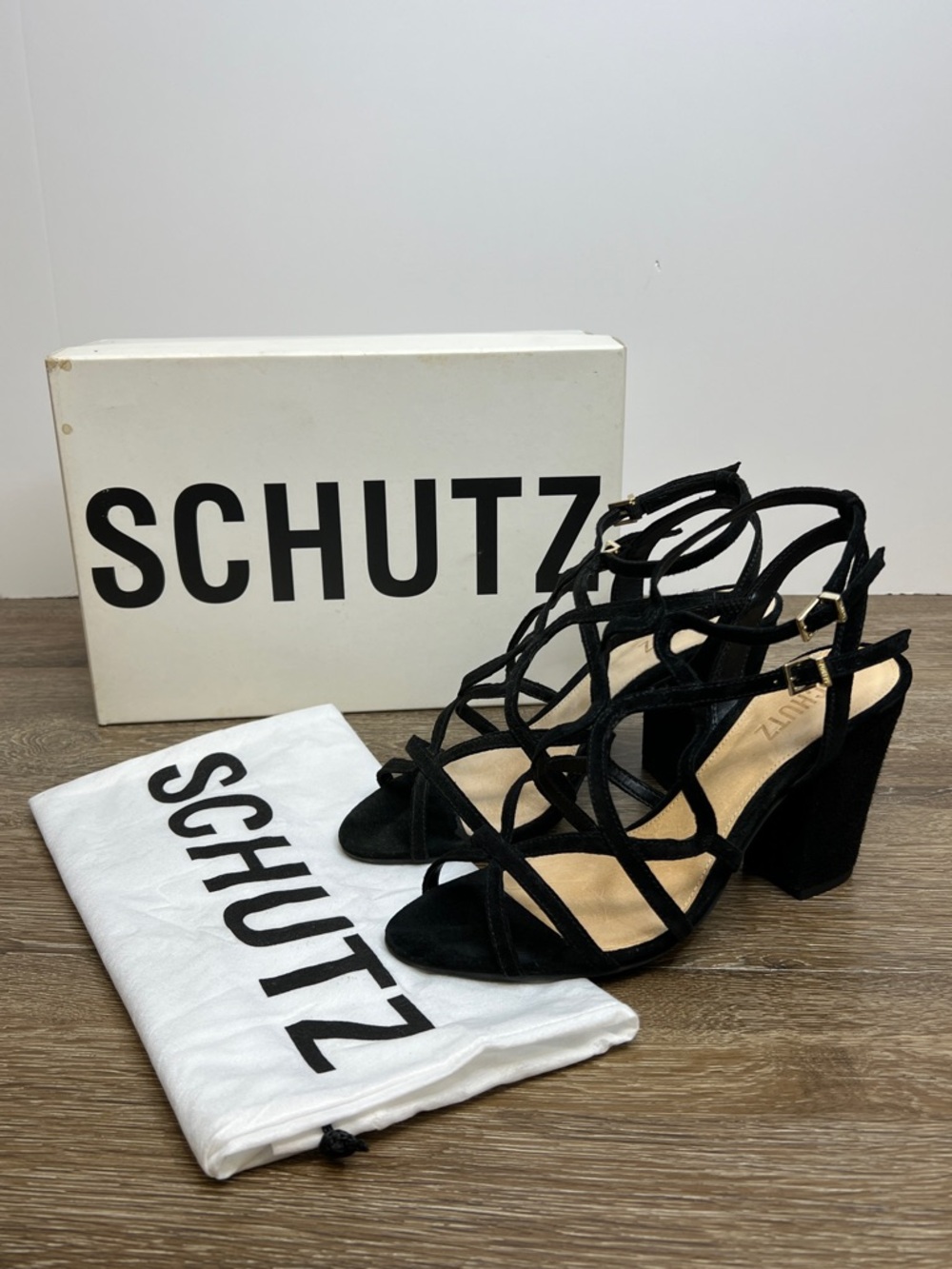 Schutz Lynne Black Strappy Heels Size 8B Suede Cage Sandals w/ Box & Dust Bag